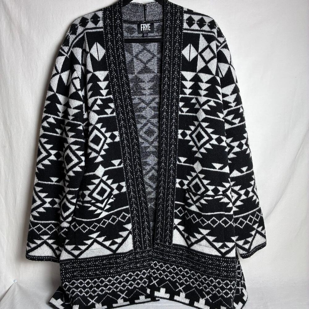 FRYE Geometric Southwestern Aztec Open Front Duster Cardigan Black White XXL